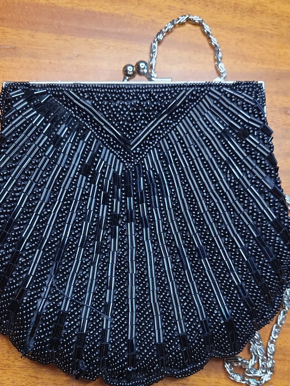 Elegant Black Beaded Evening Bag with Silver Chain